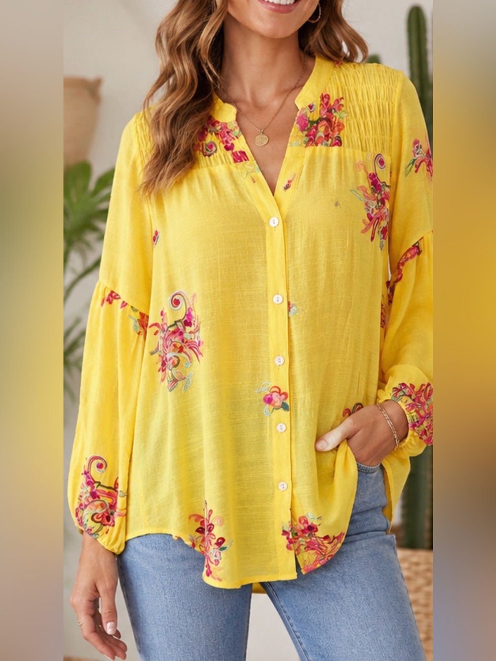 Anthropologie Fig & Flower Yellow Floral Embroidered Peasant Blouse Size Large.